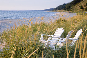 Chairs on beach at Lake Michigan.